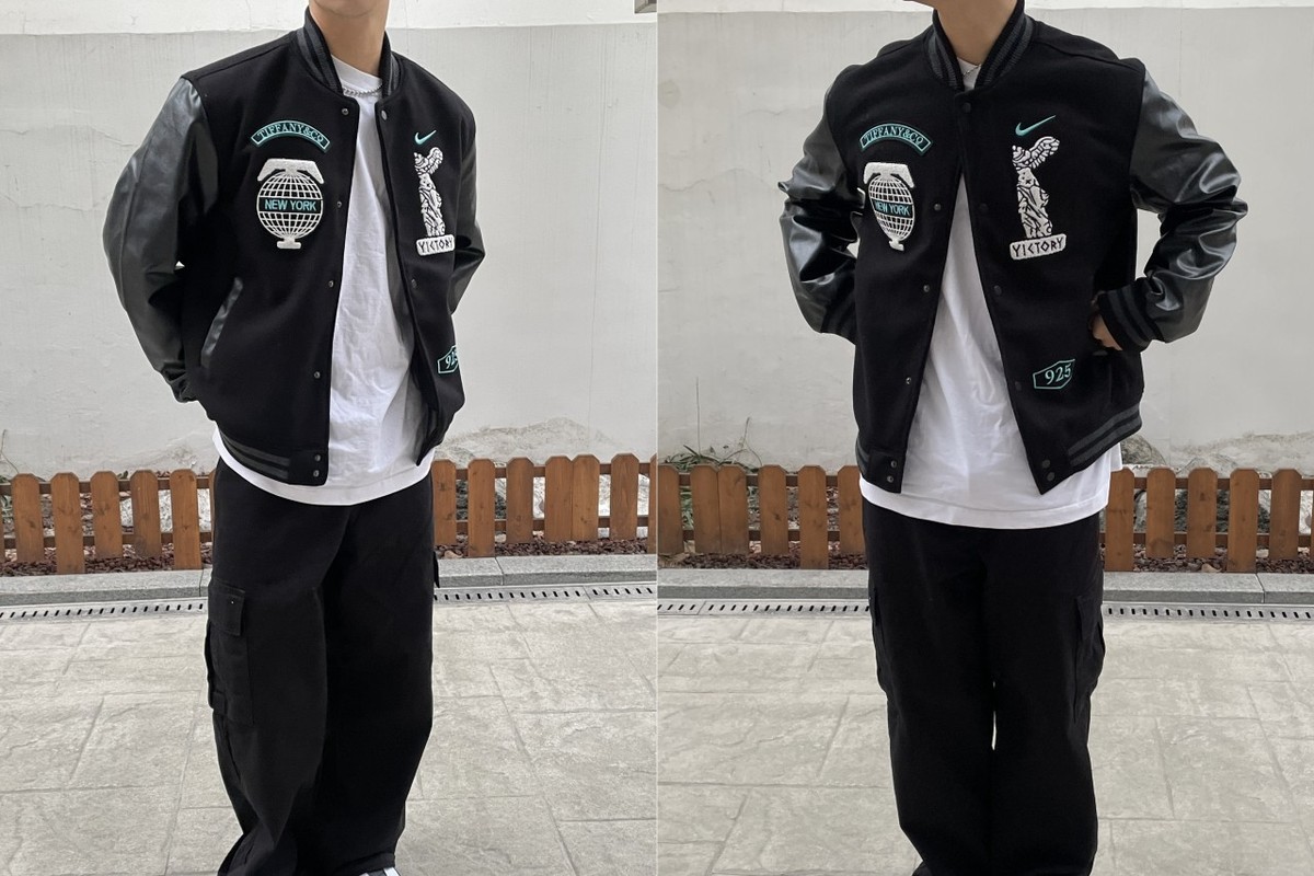 나이키 x 티파니 바시티 자켓 블랙 판매 제품 실사
